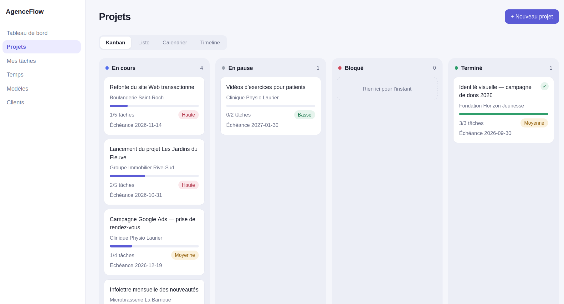 AgenceFlow — projets : Les projets regroupés par statut, avec leur progression et leur échéance.