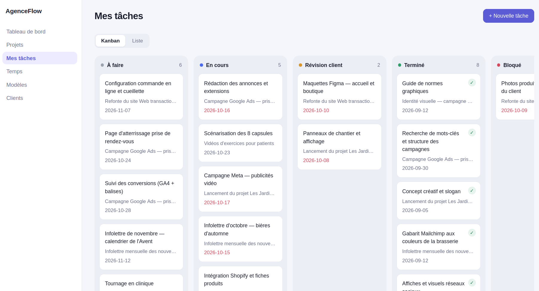 AgenceFlow — tâches : Les tâches à faire, en cours et terminées, réunies dans un tableau.