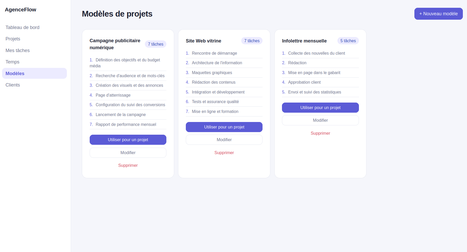 AgenceFlow — modèles : Des modèles de projets pour retrouver les étapes des travaux récurrents.